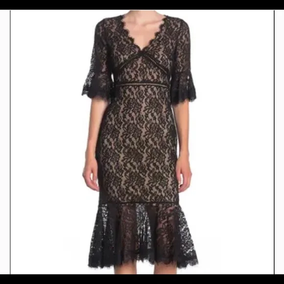 Dress Forum Scalloped Lace Bell Sleeve Midi Dress Black At Nordstrom Rack - Womens Daytime Dresses - Casual Dresses - Dresswear